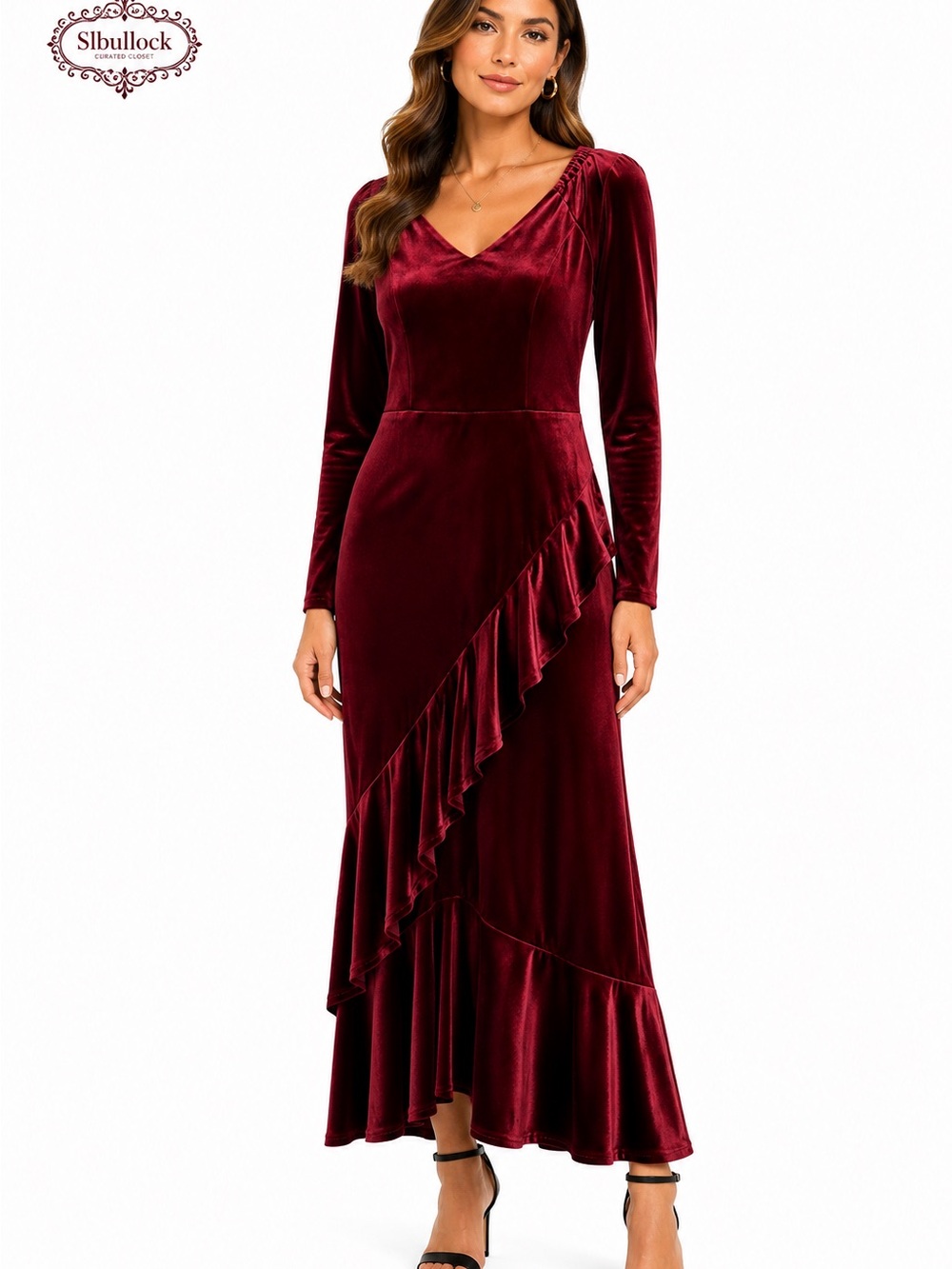 H4 H3 Burgundy Velvet Ruffle Midi Dress Long Sleeve Size M/L Holiday Evening